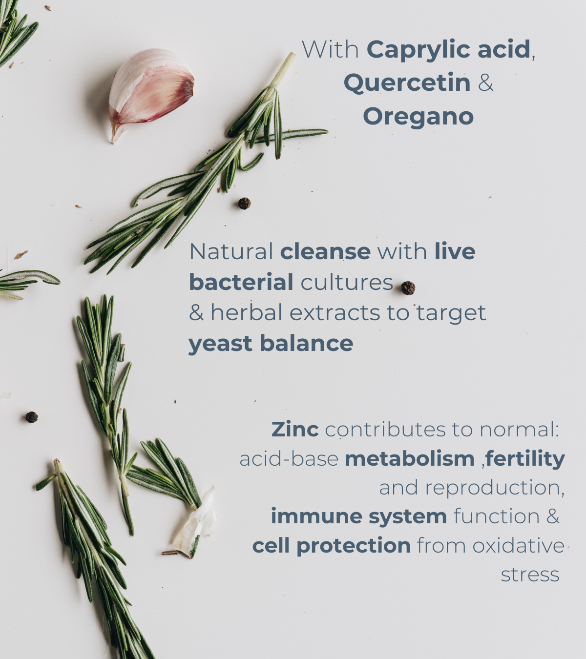 A flat lay of rosemary sprigs, a garlic clove, and peppercorns scattered on a white background. Text overlay highlights ingredients: “With Caprylic acid, Quercetin & Oregano.” The supplement is described as a natural cleanse with live bacterial cultures and herbal extracts to target yeast balance. Zinc is noted for supporting acid-base metabolism, fertility, immune function, and cell protection.