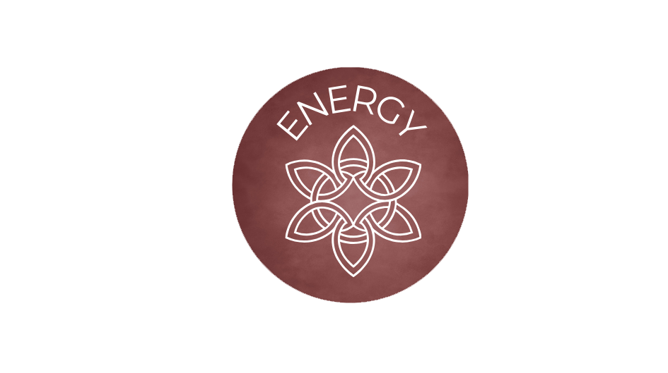 A circular badge with a maroon background and the word “ENERGY” above a Celtic-inspired flower symbol. The badge reflects the product’s positioning as a stimulant-based, energising gut health supplement.