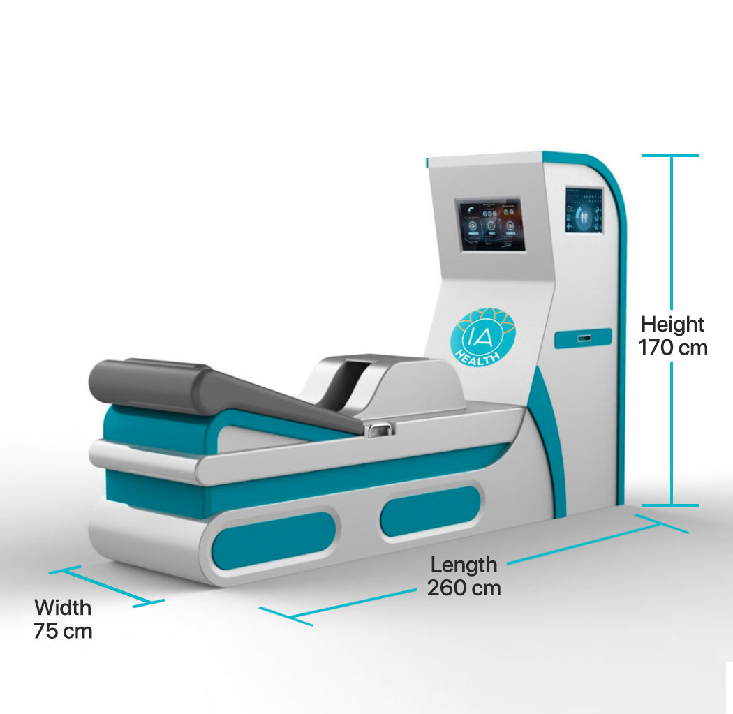3D digital render of the IA colonic hydrotherapy machine with labeled dimensions: 260 cm length, 75 cm width, and 170 cm height. The unit features a touchscreen panel and teal accent panels.