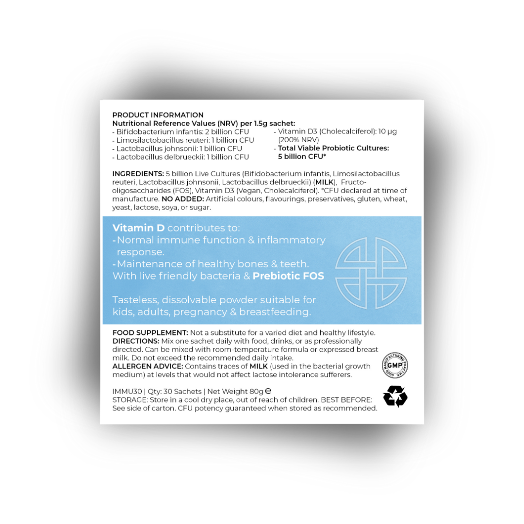 Product information for IMMU ProBio with live bacterial strains, Vitamin D3, prebiotic FOS, and nutritional claims for immune and bone health. No added colours, sugar, or preservatives.