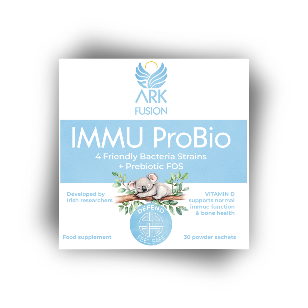 ARK Fusion IMMU ProBio box with a soft blue label, featuring a koala illustration. Highlights include '4 friendly bacteria strains + Prebiotic FOS', suitable for kids and pregnancy, and developed by Irish researchers.