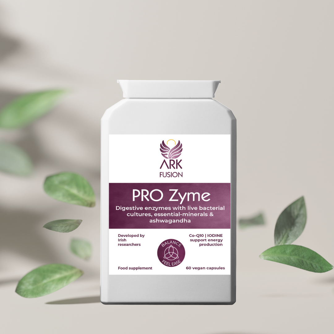 Lifestyle photo of the ARK Fusion PRO Zyme bottle standing upright on a soft beige background, surrounded by floating green leaves. Label remains visible, highlighting the brand’s focus on balance, energy production, and digestive health.